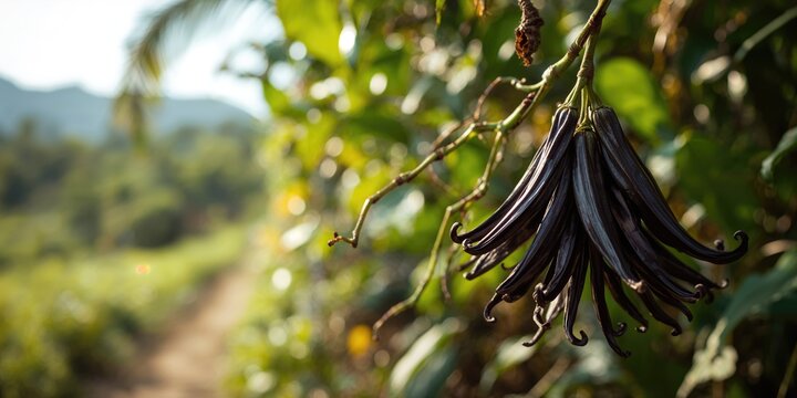 Vanilla Planifolia pods, Bourbon vanilla beans, with dark brown and black hues, food ingredient, International Vanilla Day