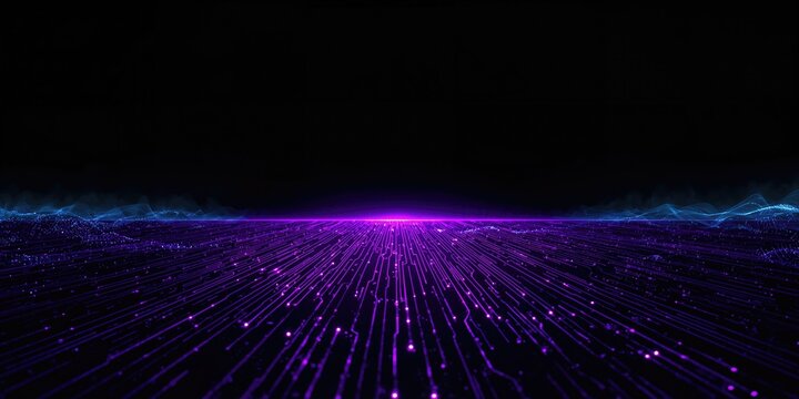 A black surface featuring a circuit board with purple lines and cyber neon effects, highlighting electronic circuitry aesthetics