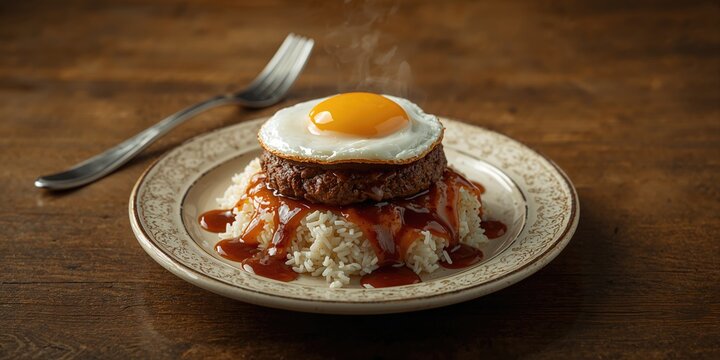 Close-up of a Hawaiian Loco Moco with rice, beef patty, fried egg, and gravy, highlighting hearty comfort food.