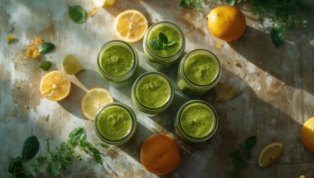 Vegetable and fruit blend with spinach, mango, orange, lime, apple, citrone in glass jars, fresh juice for morning refreshment