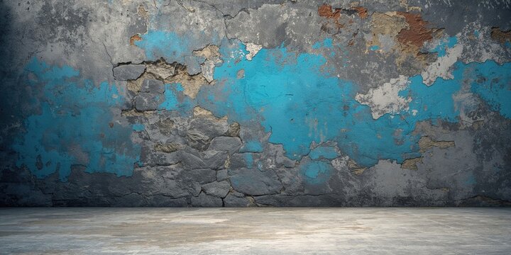 Weathered stone wall painted blue used as a backdrop for street murals, urban preservation awareness