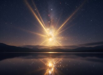 Cosmic lights radiating over mirrored waters under starry night