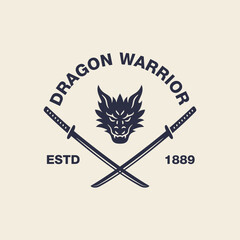 Dragon warrior badge with fierce dragon head and crossed katana swords. Vintage monochrome vector logo