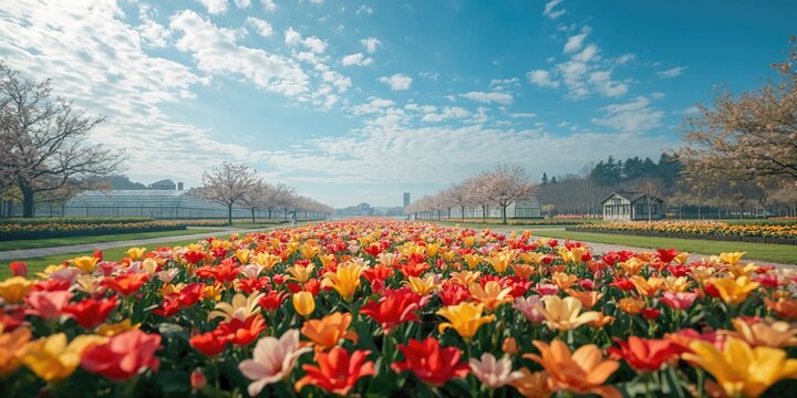 Blooming flowers in Nabana no Sato Nagoya against spring sky, ideal for landscape or floral design layouts