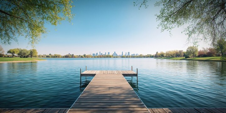 Double sided boat dock reaching into serene spring waters at Kiwanis Park Lake, Tempe, Arizona, for leisure activities