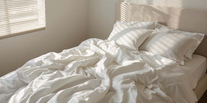 Messy white bed sheets and pillows in a morning bedroom scene, sleep quality and bedding maintenance