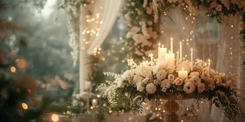 Flower and candle setup on wedding table, emphasizing romantic ambiance and event styling
