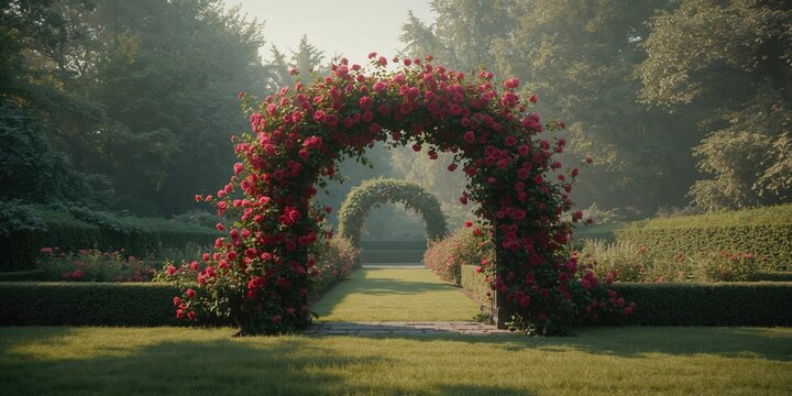 Rose arch in a formal rose garden serving as landscape ornament, seasonal change