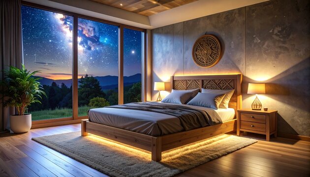 FSC-certified oak bed frame with enchanted rune carvings softly illuminated from within, positioned near large window with starry night view, diffused mystic light blending eco elegance.