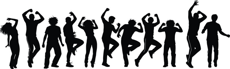 Group of energetic people jumping silhouettes showing celebration dance fitness movement lifestyle isolated on white background