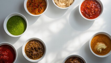 Collection of different sauces and condiments like wasabi, romesco, mushroom, mustard, and mayonnaise in bowls, ideal for culinary layout backgrounds