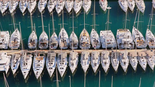 Aerial drone view of tightly packed rows of sailboats lined up in the marina, forming clean geometric patterns over dark blue water. Biograd na Moru, Croatia