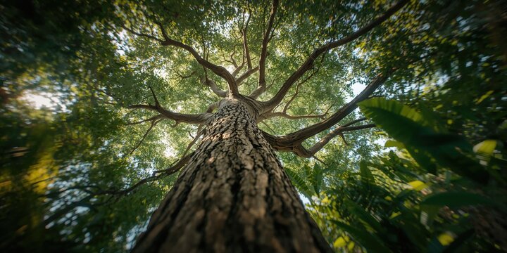 Undergrowth perspective of a tree in a dense jungle with morning sunlight, highlighting forest density and biodiversity
