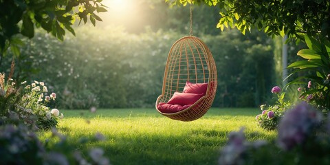 Naklejka premium Garden seating with a hanging chair and red cushions on a vibrant grass lawn, ideal for summer lounging