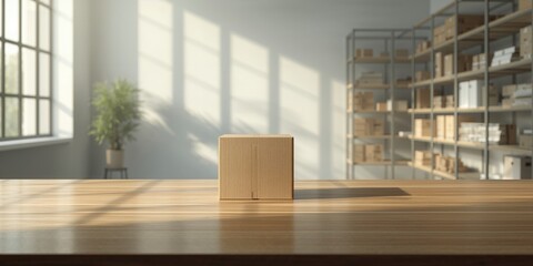 Empty desk space with a cardboard package, illustrating warehouse organization and packaging tasks