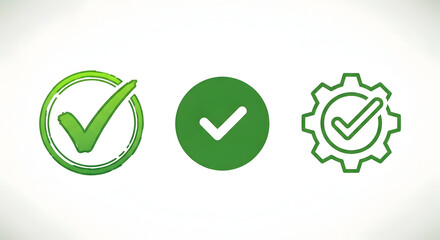 Green checkmark icons in circle gear and solid shapes isolated on white background