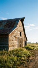 Obraz premium Rustic Wooden Barn Under Clear Blue Sky at Sunrise in Countryside
