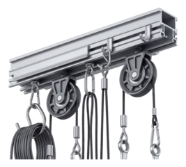 Overhead tool holder rail with pulley system for a garage or workshop.