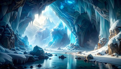 A breathtaking landscape depicts an icy cavern with a frigid river snaking through, leading to snow-capped peaks. Ice formations abound