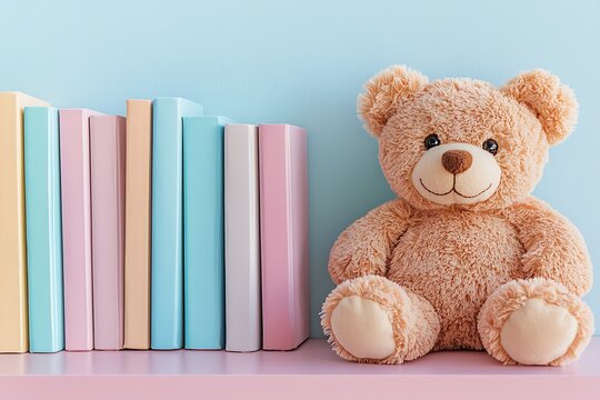 teddy bear toy placed beside colorful reading books high resolution picture