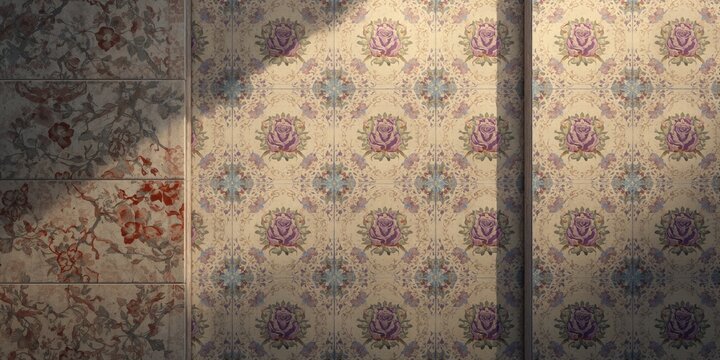 Vintage Nyonya tile pattern featuring purple roses, used as an artistic backdrop for design purposes