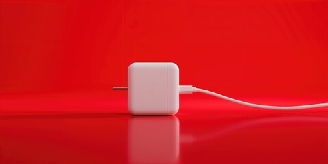 White smartphone charger and USB Type C cable on red background, designed for quick power delivery and safety