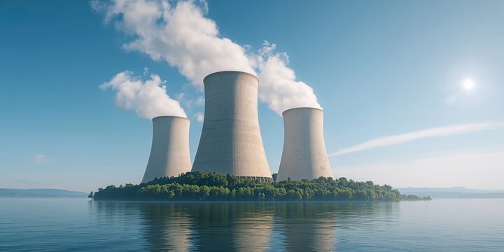 Large nuclear cooling tower releasing vapor, industrial site focusing on heat dissipation, climate impact awareness