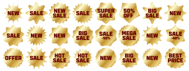 Gold sale badge label set with pricing discount text stickers and promotional seals isolated on transparent background