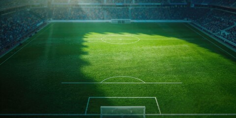 Obraz premium Aerial perspective of a football stadium field focusing on grass and markings, useful for sports strategy or event organization