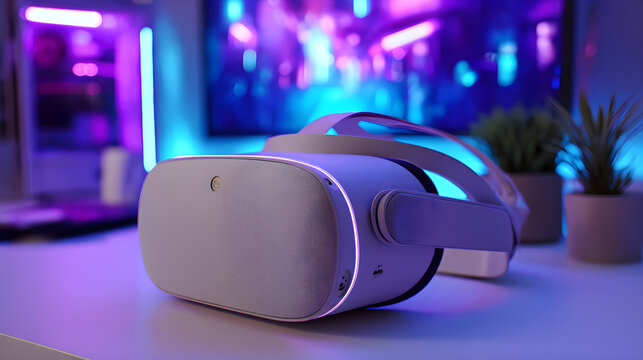 Virtual reality headset on desk with neon lights - Powered by Adobe