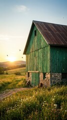 Obraz premium Green Barn in Countryside at Sunset with Wildflowers and Sky