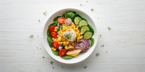 Spring vegan salad with spinach cherry tomatoes corn and cucumber health benefits, food and drink