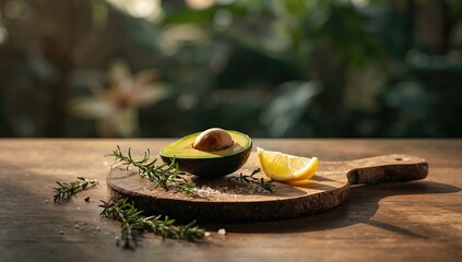 Green avocado halves on a natural wooden surface, suitable for healthy eating and diet planning