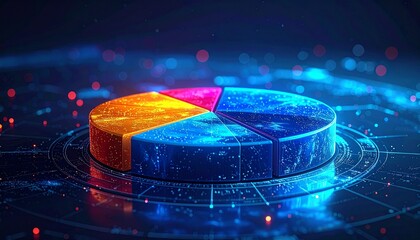 3D pie chart with vibrant segments on high-tech background showcasing modern data visualization and analytics design