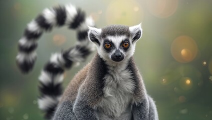 Obraz premium Lemur with distinctive ringed tail sitting alert in forest environment, focusing on animal behavior, World Wildlife Day