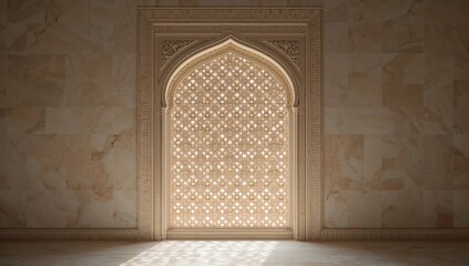 White marble lattice window with intricate carvings from a heritage tomb, showcasing architectural detail