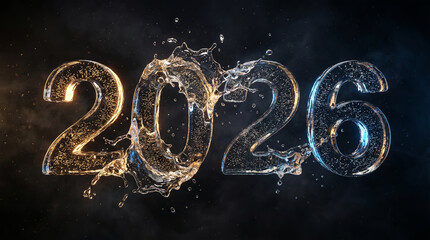 Dynamic 2026 New Year Liquid Splash. Dual Color Warm and Cool Water 3D Render with Bubbles.