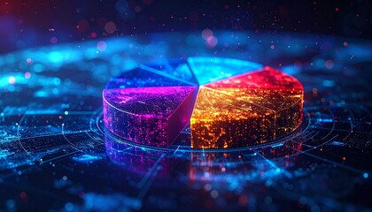 3D pie chart with vibrant segments on high-tech background showcasing modern data visualization and analytics design
