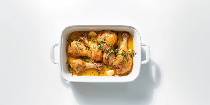 Herb-seasoned chicken pieces with olive oil and garlic in a casserole dish on a vibrant backdrop, highlighting cooking process