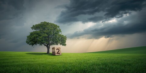 A solitary tree in a field before a thunderstorm, seasonal change and weather risk, July 2