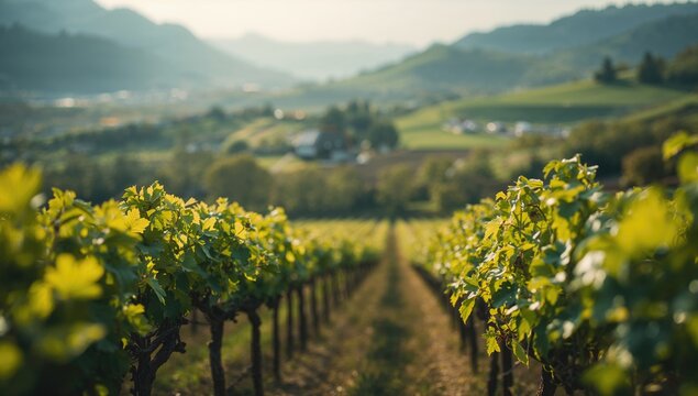 Spring vineyard scene with abundant grapevines, used as an outdoor setting for farm and nature activities, Earth Day