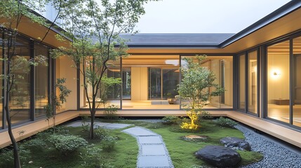 Modern luxury villa architecture featuring a new house with a glass wall and balcony overlooking a private garden and pool view from an empty interior room with parquet floor and open space