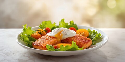 Salmon, lettuce, tomato, and sweet pepper on a plate, a protein-rich meal for health awareness day