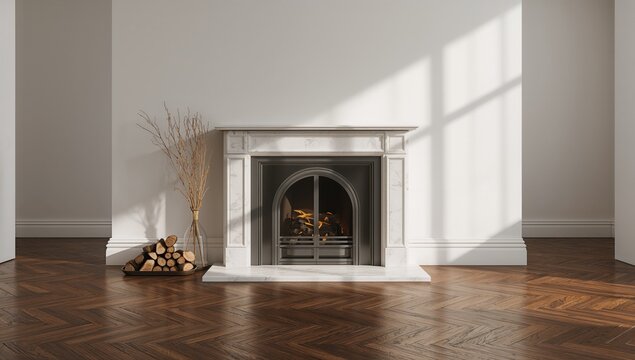Marble fireplace featuring a cast iron insert and glass door, set on parquet flooring in a modern living space