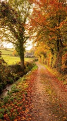 Fototapeta premium Scenic Autumn Pathway Surrounded by Colorful Trees and Leaves