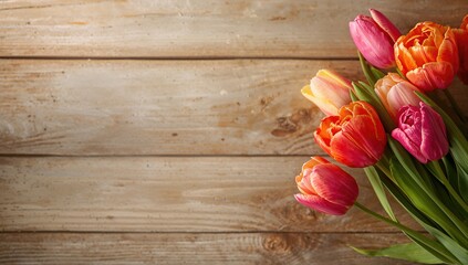 Vivid tulips arranged on aged wooden planks featuring knots, used as a floral backdrop for layouts or design projects, Earth Day