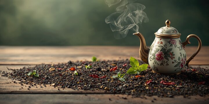 Tea leaves drying naturally beside a teapot, highlighting herbal infusion and organic materials