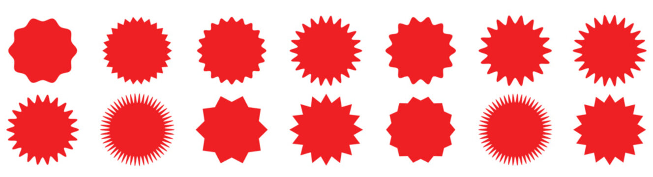 Set of red price sticker, sale or discount sticker, sunburst badges icon. Stars shape with different number of rays. Special offer price tag. Red starburst promotional badge set, shopping