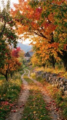 Fototapeta premium Scenic Autumn Pathway Through Colorful Trees and Quiet Cottage
