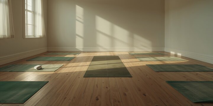 Yoga practice space featuring carpets and towels in a green vintage style, suitable for meditation sessions